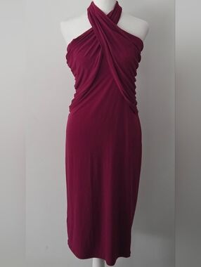 BCBGeneration One-Shoulder Twist Midi Dress in Burgundy